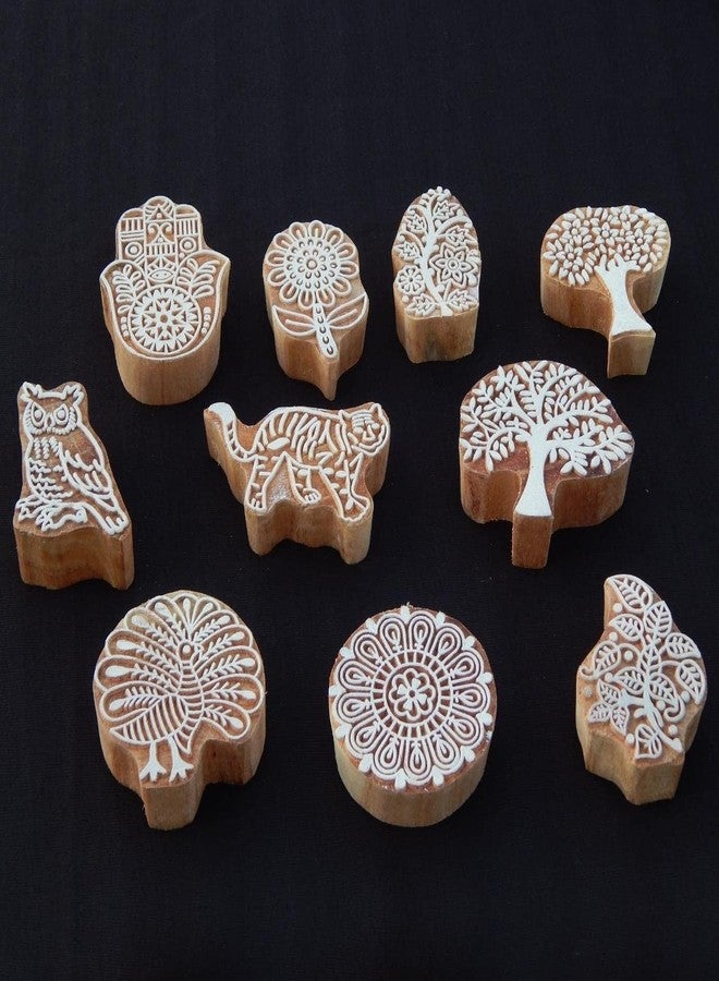 ecofynd Round Wood Block Stamps (Pack of 10), Wooden Blocks for Block Printing Stamp Set, Artistic Shapes Craft Kids Saree Border DIY Henna Fabric Textile Paper Clay Pottery Hand-Carved (BLOCK017) - Image 1